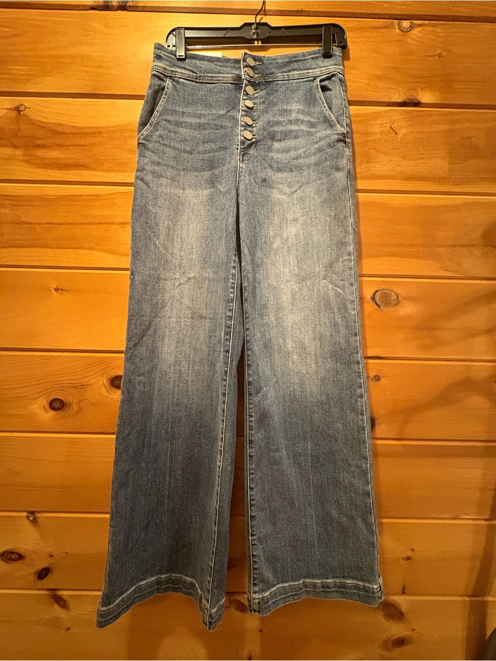 Risen Jeans High-Rise Medium Blue Wide-Leg w/ Button Front size 11/30 NWT